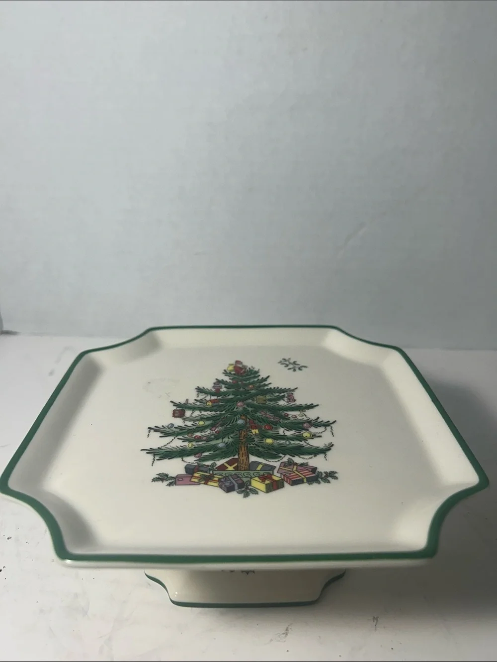 Spode Christmas Tree Pedestal Serving Plate in Cream with Green Trim 7 inch